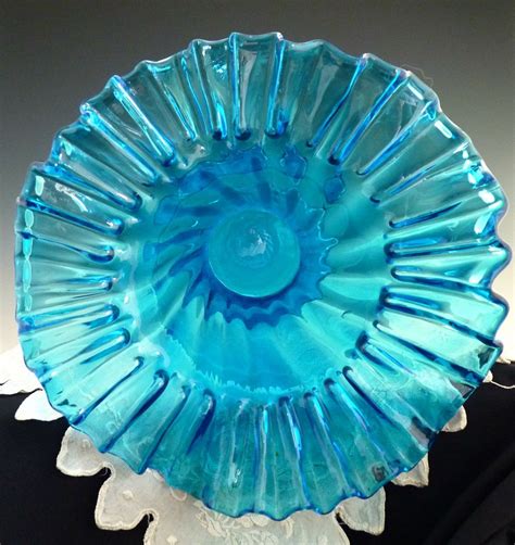 Victorian Glass Center Vase Ruffled Rim Ocean Blue Hand Blown From Victoriascurio On Ruby Lane