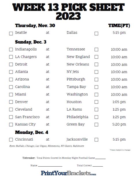 Printable Week 13 Nfl Schedule