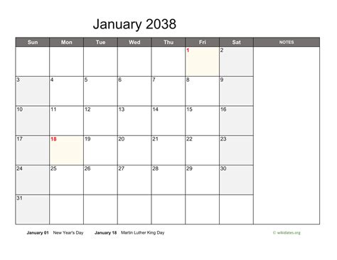 Monthly 2038 Calendar With Notes