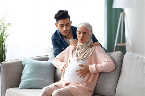 Prenatal Contractions Caring Husband Comforting His Pregnant Muslim Wife Suffering Abdominal