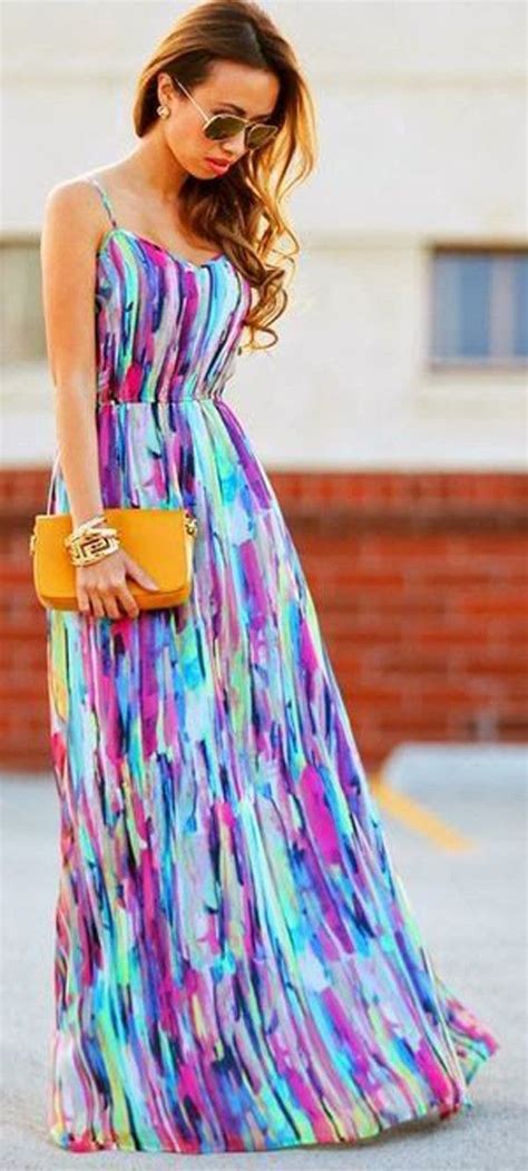Rainbow Colorful Condole Belt Floor Length Chiffon Maxi Dress Fashion
