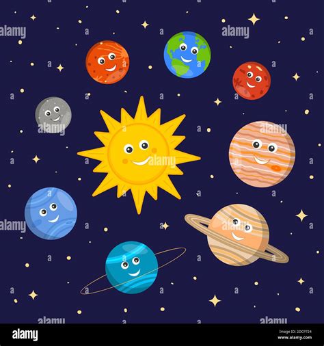 Sistema Solar Para Niños Personajes De Sol Y Planetas Lindos En Estilo