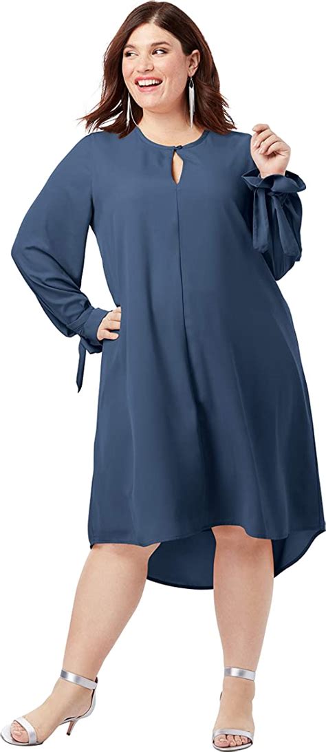 Roamans Womens Plus Size Tie Sleeve Trapeze Dress With High Low Hem