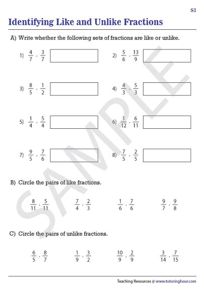 Like And Unlike Fractions Worksheets