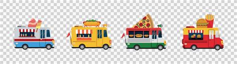 Food Trucks Isolated Vector Cars Cartoon Vans For Street Food Selling