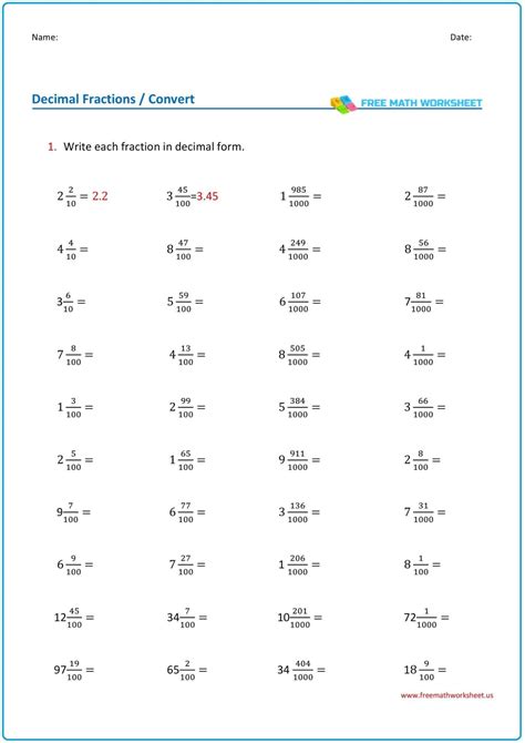 Mixed Numbers And Decimals Worksheets