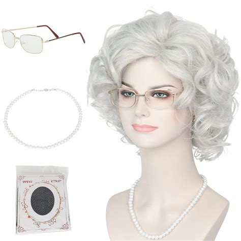 yan dream old lady wigs old woman costume set silver grey grandma wig granny glasses pearl