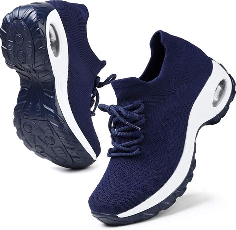 Hkr Platform Walking Shoes For Women Breathable Mesh Tennis Sneakers Air Cushion Non Slip Navy