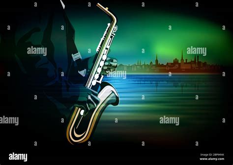 Abstract Green Illustration With Saxophone Player On Cityscape