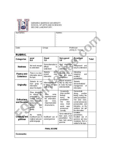 Oral Presentation Rubric Esl Worksheet By Davidt