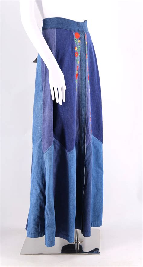 70s Custom Denim Embroidered Pieced Maxi Skirt Vintage 1970s Snap