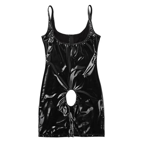 womens latex catsuit rave outfit patent leather crotchless bodysuit wet look sleeveless open