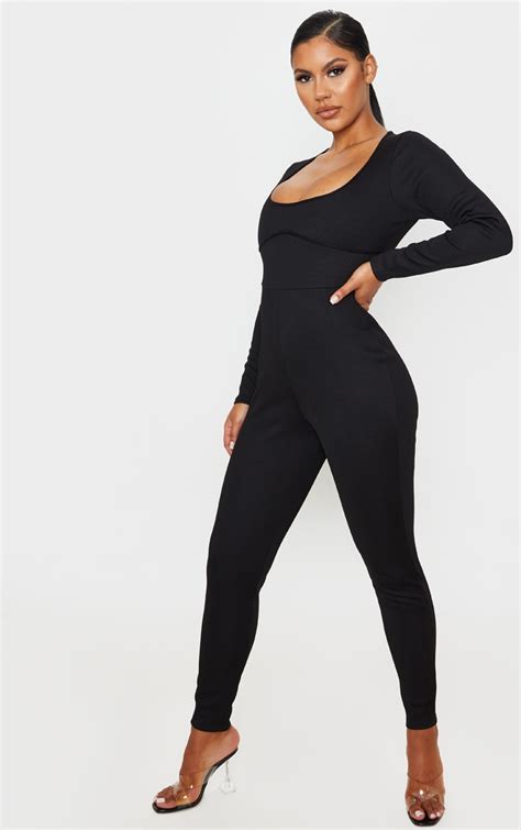 Black Long Sleeve Ribbed Piping Detail Jumpsuit Prettylittlething Qa