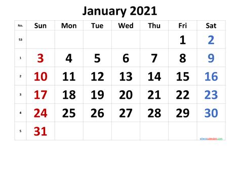 Printable January 2021 Calendar 6 Templates