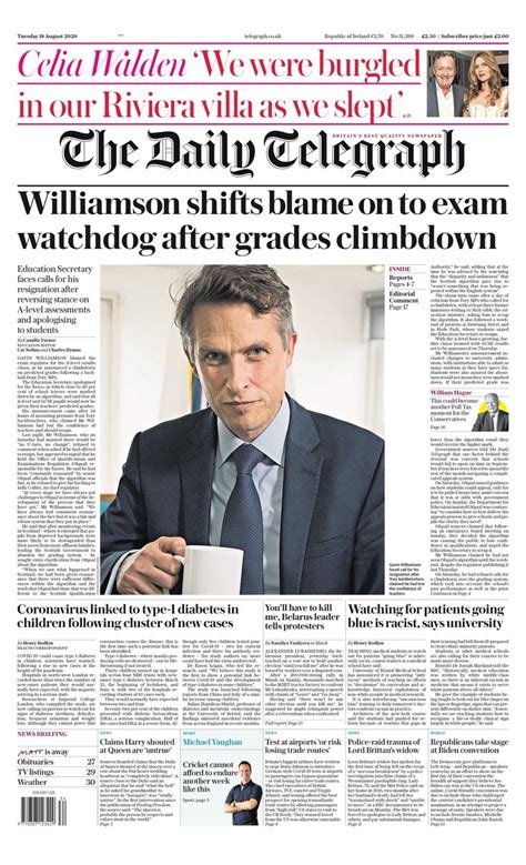 Daily Telegraph Front Page 18th of August 2020 - Tomorrow's Papers Today!