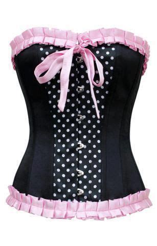 Black Satin Overbust Corset With Pink Pleated Trim And Polka Dot Panel