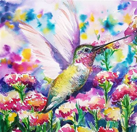 Hummingbird In Flower Garden Original Watercolor Painting Wall Etsy