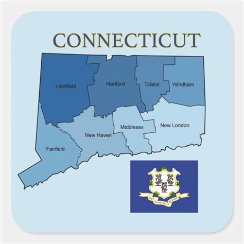 Map And Flag Of Connecticut With Counties Square Sticker Zazzle