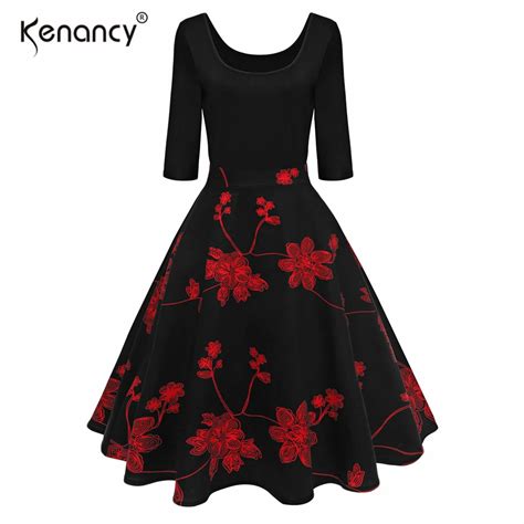 Kenancy U Neck Black And Red Floral Print Party Dress Vintage Women A