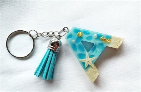 Beach Letter Keychain Initial Bagcharm Ocean Keyring Sea Etsy