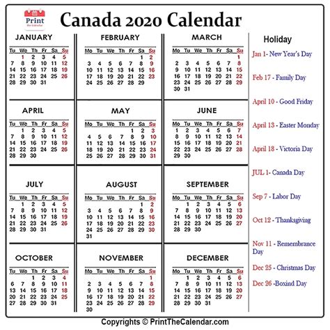 Canada Calendar 2020 With Canada Public Holidays