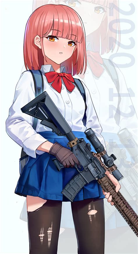 Safebooru 1girl Assault Rifle Bangs Black Gloves Blue Skirt Bow Brown