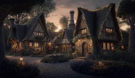Fantasy Houses In Magic Forest Scenery Of Fairy Tale Village