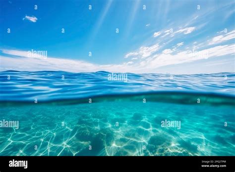 Blue Sea Ocean Water Surface And Underwater With Sunny And Cloudy Sky