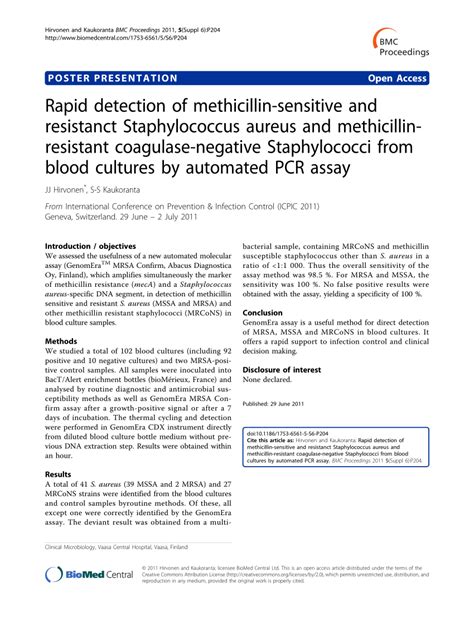 Pdf Rapid Detection Of Methicillin Sensitive And Resistanct