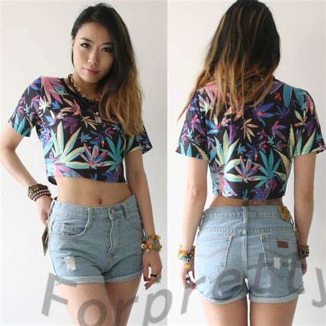 Sexy Belly Maple Leaf Skull Rose Print Bare Midriff Crop Short Tee T