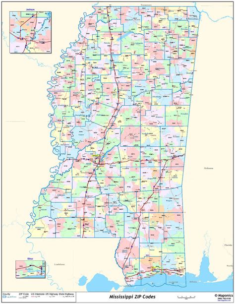 Mississippi State Zipcode Laminated Wall Map Us