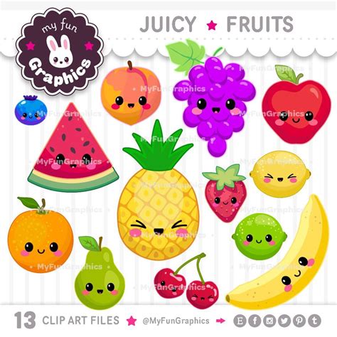 Juicy Fruits Kawaii Clip Art Fruits Cute Clipart Cute Fruits Etsy Dibujos De Frutas Dibujos