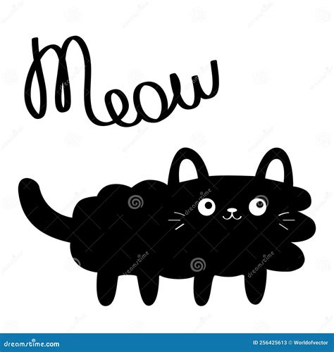 Cat Meow Text Black Fluffy Kitten Face Head Body Fat Kitten Cute