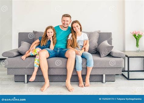 Dad And His Two Smiling Daughters Stock Image Image Of Parenthood