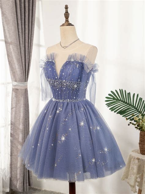Flowy Cute A Line Blue Homecoming Dresses Short Beading Prom Dress Y00 Simibridaldresses