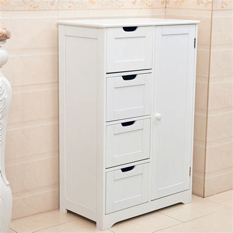 White Wooden 4 Drawer Bathroom Storage Cupboard Cabinet Free Standing