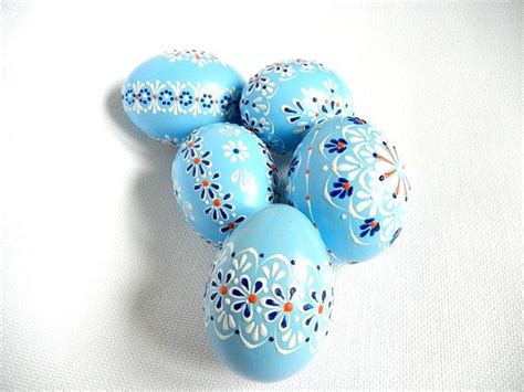 Set Of 5 Blue Hand Decorated Colours Painted Chicken Easter Egg