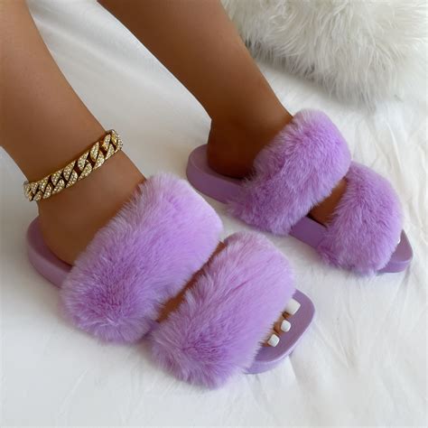 Sugar Crush Lilac Fluffy Faux Fur Double Strap Slippers Simmi London