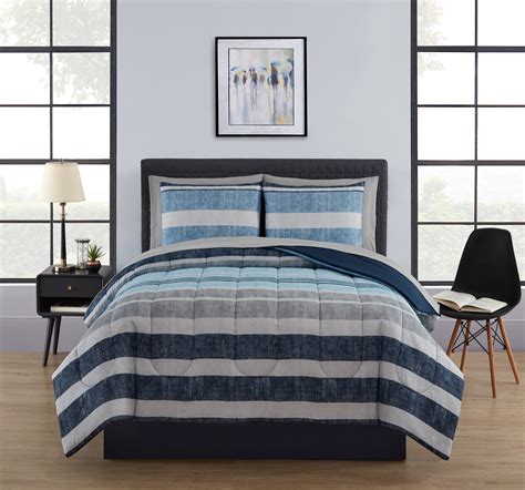 Mainstays Blue Stripe Reversible 7 Piece Bed In A Bag Comforter Set