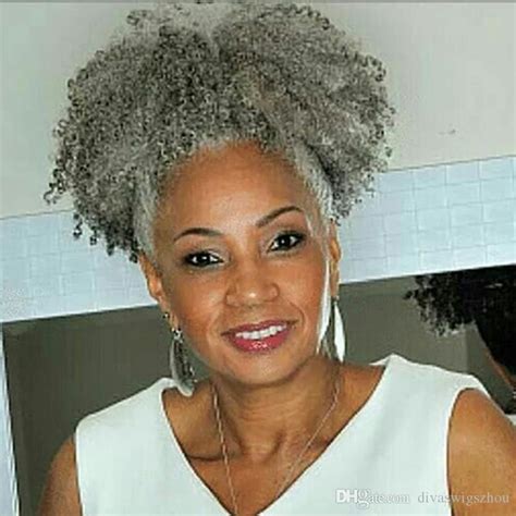 Black Women Gray Hair Extension Silver Grey Afro Puff Kinky Curly