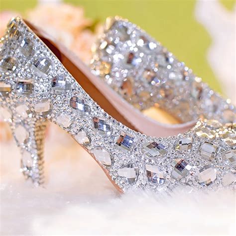 Popular Silver Closed Toe Bridal Shoes Wedding Shoes Clear Rhinestone Platform Crystal Pumps