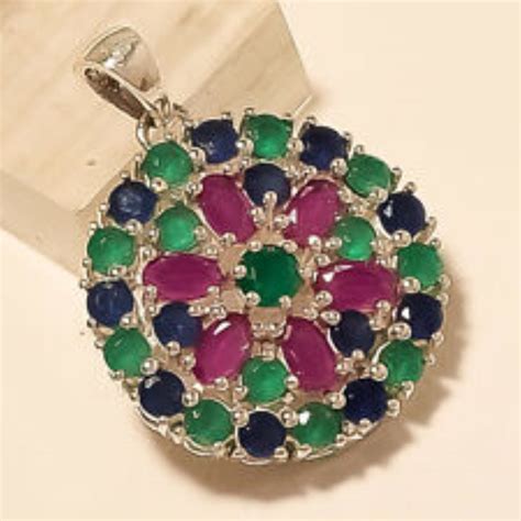 Natural Emerald Ruby Sapphire Pendant 925 Sterling Silver Christmas