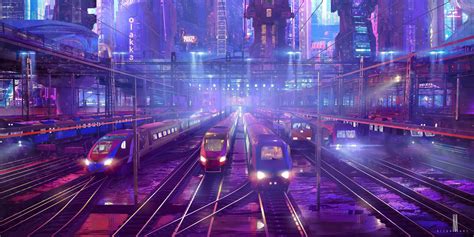 Niyas Ck Illustration Train City Neon Science Fiction Concept Art