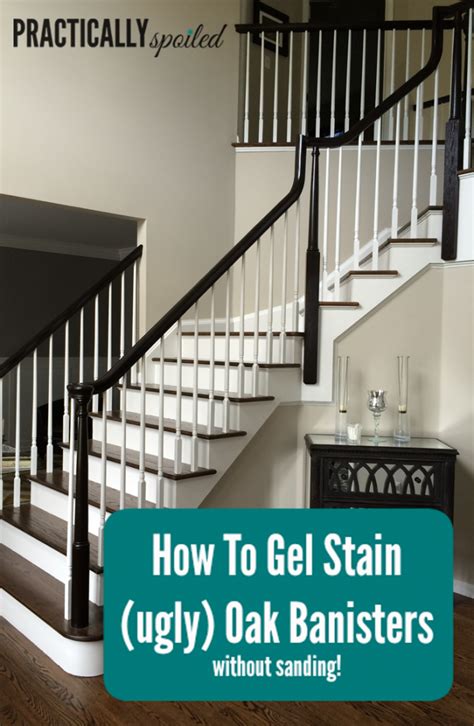 One of the vertical supports of a handrail; How To Gel Stain (ugly) Oak Banisters.