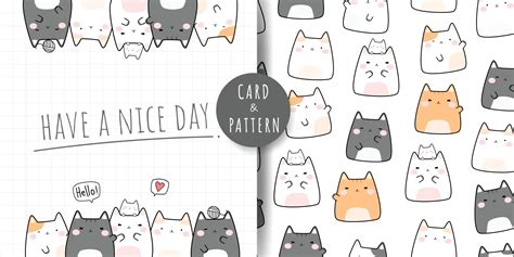 Cute Chubby Cat Kitten Cartoon Doodle Card And Seamless Pattern Bundle