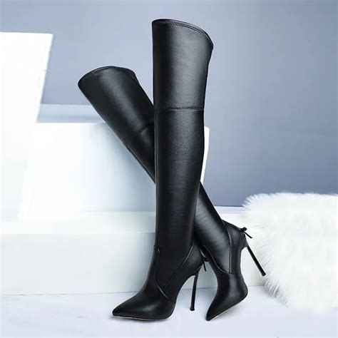 fashion stretch black leather women slip on over the knee boots sexy high heel boots thin