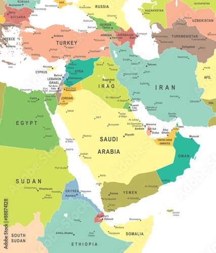 Middle East And Asia Map Highly Detailed Vector Illustration Buy