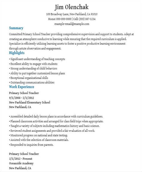 Primary Teacher Resume Sample