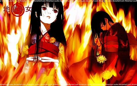 Enma Ai Jigoku Shoujo Chicas Anime Cabello Negro Kimono Fuego