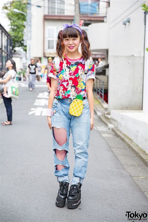 harajuku girl in twin tails ariel disney t shirt and cutout heart jeans tokyo street style asian
